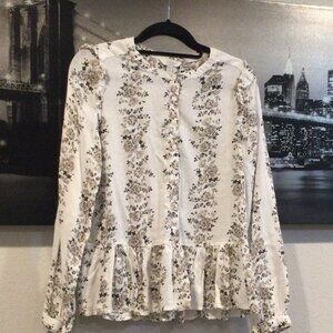 Lucky Brand Valentina Cream Floral Print Bohemian Ruffle Shoulder XS